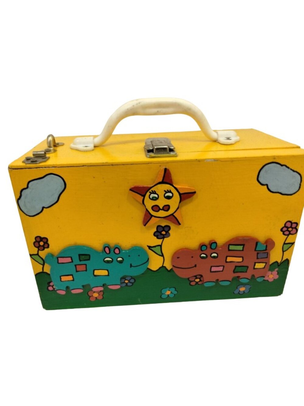 Hand Painted Wood Lunchbox Hippos Storage Box Handmade Yellow 3D
